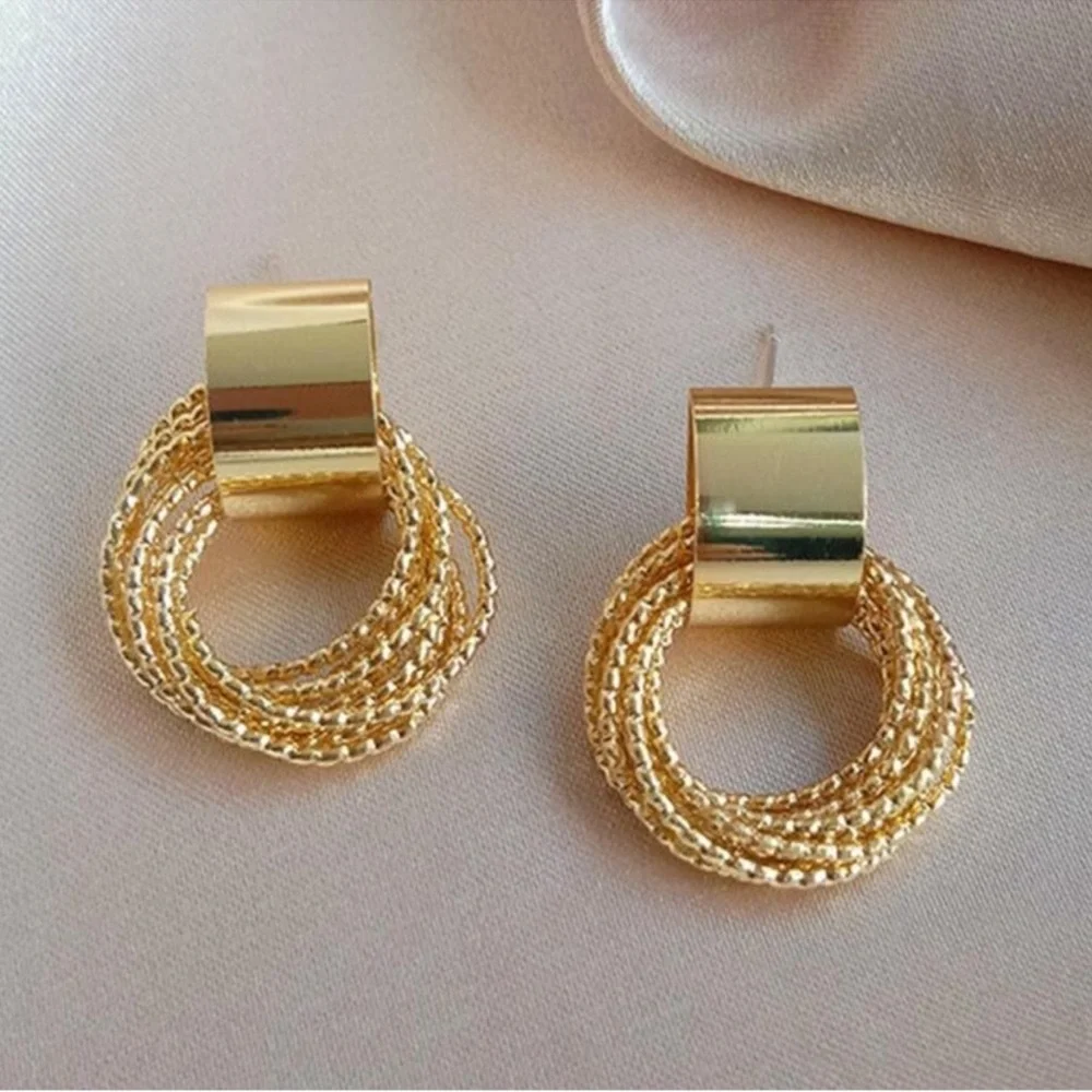 Gold Overlay Glam Lux Hoop Textured Circle Door Knocker Statement Earrings